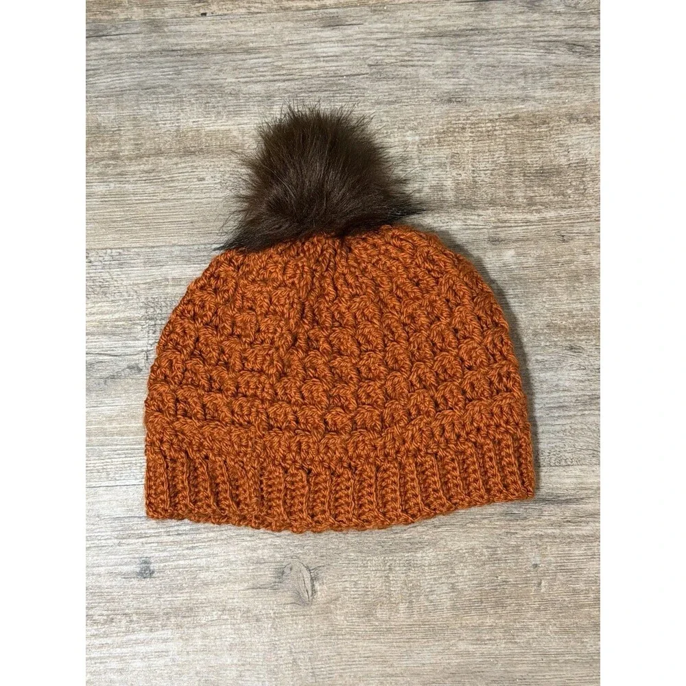 New Hand Crocheted Waffle Orange Acrylic Faux Fur Pom Pom Beanie Hat Women